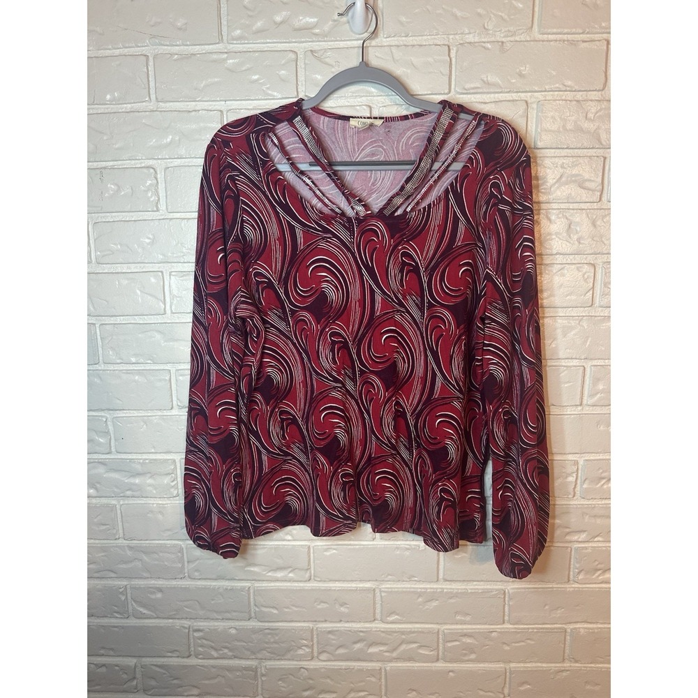 Como Blu Red Swirl Print Long Sleeve Top Women's XL V Neck Cutout Detail‎